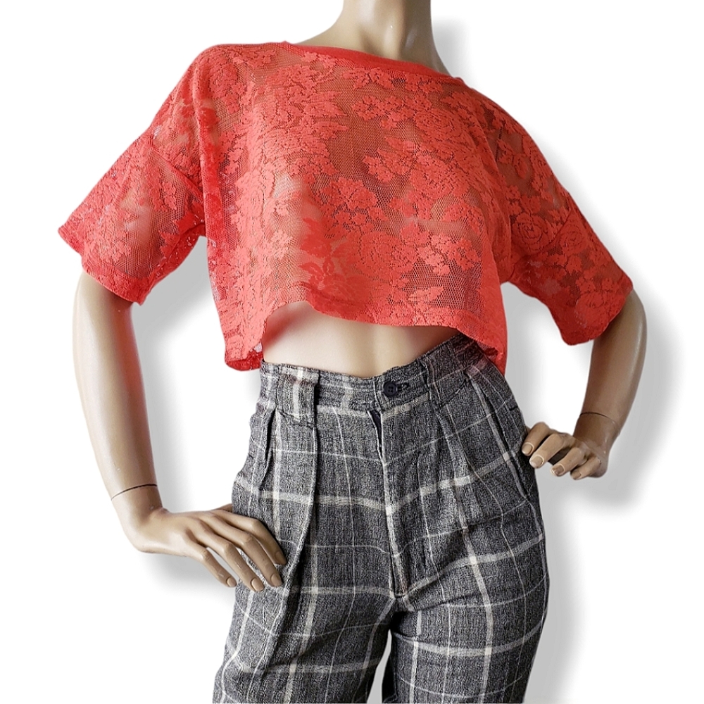 Melody Ehsani Orange Floral Lace Mesh Crop Top